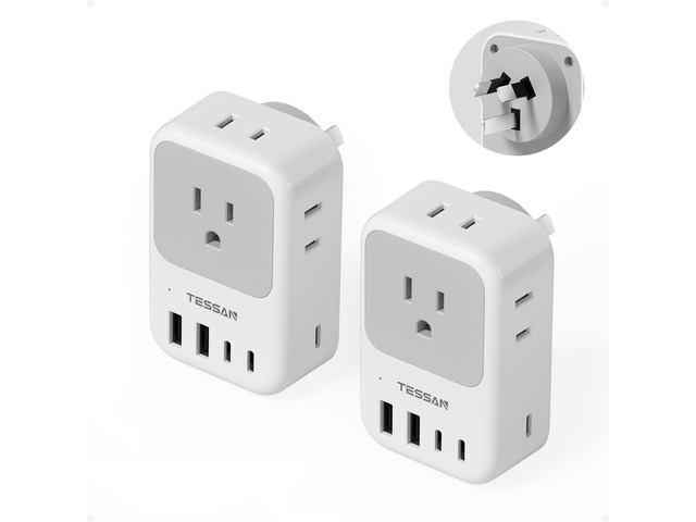 Australia Plug Adapter, 2 Pack 28W New Zealand Power Adapter, 4 Outlets 5 USB Ports (3 USB-C), Type I Travel Adaptor
