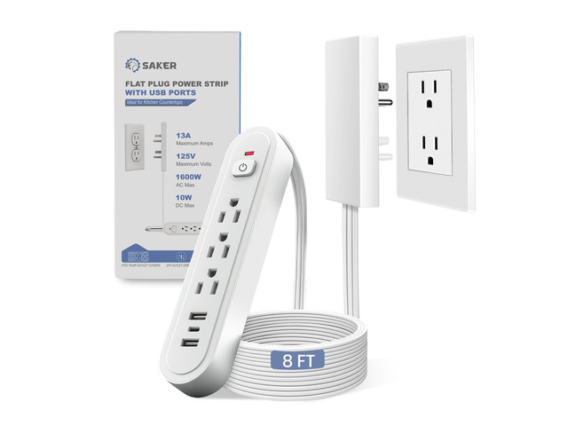 8ft Surge Protector, 3 Outlets, 3 USB, Flat Plug, White 3 AC Outlets + 3 USB Ports, Built-In Surge Protection, 8ft Flat Extension Cord, Outlet...