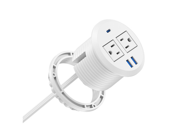 2-in-1 Desktop Power Grommet with USB-C Output, 125V, 12A, 2 AC Outlets, 3 USB Charging Ports, White