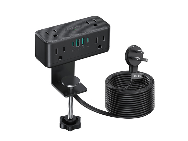 Compact Desk Clamp Power Strip 15 ft, Fit 2.16' Tabletop Edge, Black Flat Plug Fit Behind Furniture, 6 AC, 2 USB-C PD 20W, 2 USB-A, 900J,...