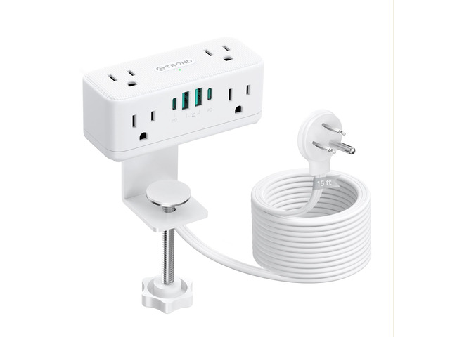 Compact Desk Clamp Power Strip 15 ft, Fit 2.16' Tabletop Edge, White Flat Plug Fit Behind Furniture, 6 AC, 2 USB-C PD 20W, 2 USB-A, 900J,...