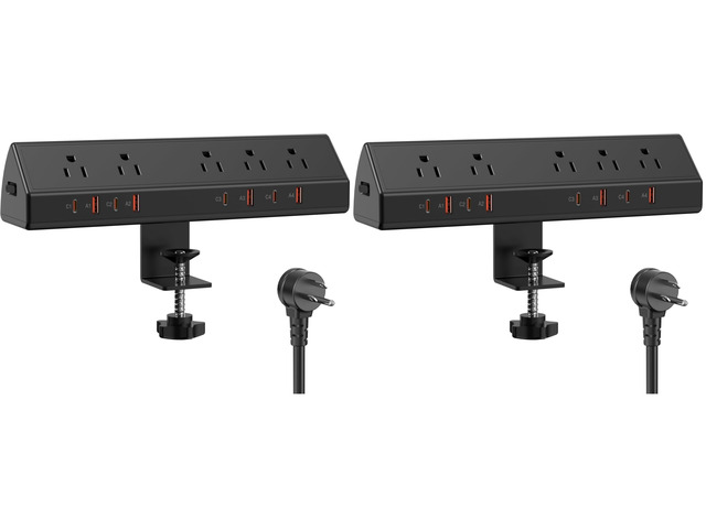 Desk Clamp Power Strip,Edge Mount,4 USB C,65W,1200J,Black (Pack of 2)