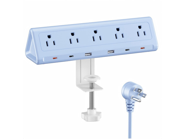 Desk Clamp Power Strip USBC, 40W Fast Charging, 6.5 Ft, Blue Detachable Clamp,5 AC & 6 USB(4C,2A),Flat Plug Extension Cord,Desk Organizer for...