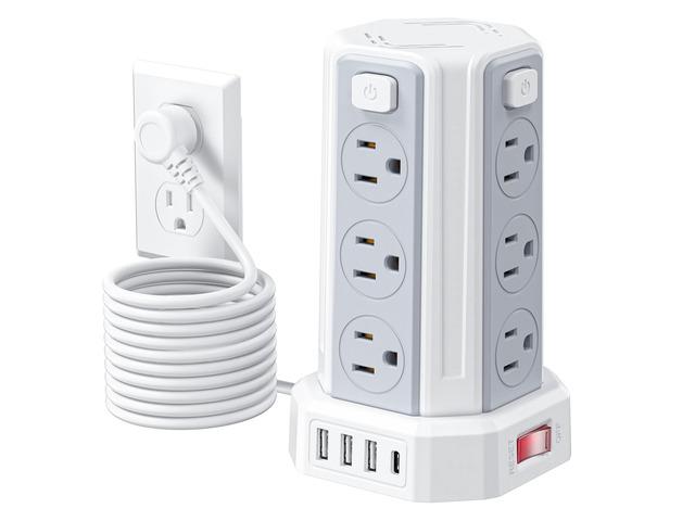 Power Strip 10 Ft Extension Cord with 12 AC Multiple Outlets 4 USB (1 USB C), Power Strip Tower Desktop Charging Station for Home Office College...