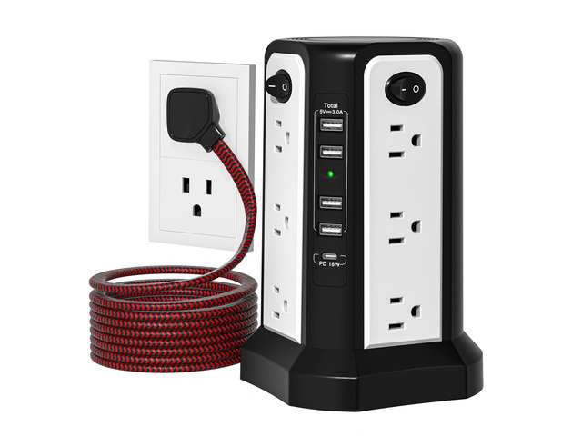 10FT Extension Cord with Multiple Outlets Tower Surge Protector Power Strip with USB C(PD18W) Port Flat Plug Tower Outlets with USB Ports,Overload...