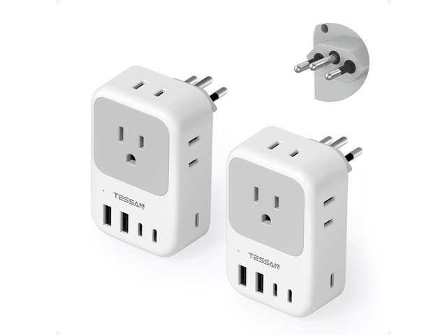 Type N Plug Adapter Brazil 2-Pack, PD 28W 4 AC Outlets & 5 USB Ports (3 USB-C), Travel Adaptor, USA to Brazilian