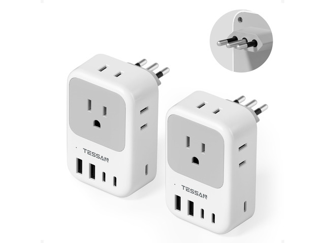 Italy Travel Plug Adapter 28W, Italy Power Adapter, 2 Packs 4 Outlets, 5 USB Ports (3 USB-C), Type L Outlet Adaptor