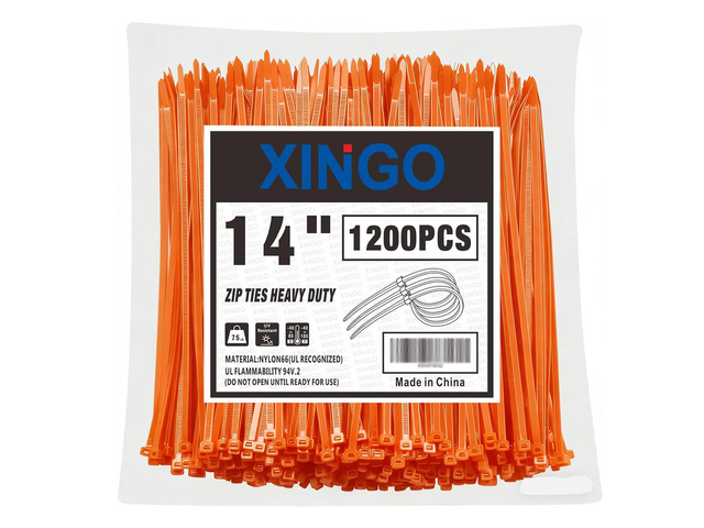 14 Inch Orange Zip Ties 1200 PCS, 75 LBS Ultra Strong Tensile Strength, UV Resistant Cable Ties, Self-locking Plastic Ties for Indoor and Outdoor Use