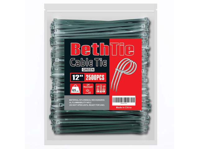 12 Inch Green Zip Ties 2500 Pcs, 65 LBS UV Resistant Cable Ties Self-Locking Ties, Wire Ties for Indoor and Outdoor Use