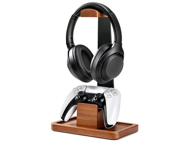 Solid Wood Metal Headphone Stand with Modular Controller Holder for Desk Gaming Headset Holder with Pen Cup Storage, Controller Stand Fits PS5...