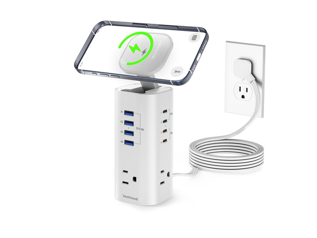 115W Fast Charging Station, Power Strip Tower, 5FT Extension Cord Charging Tower with 3AC Outlets & 8 USB Ports(4 USB-C), Foldable 15W Charging,...