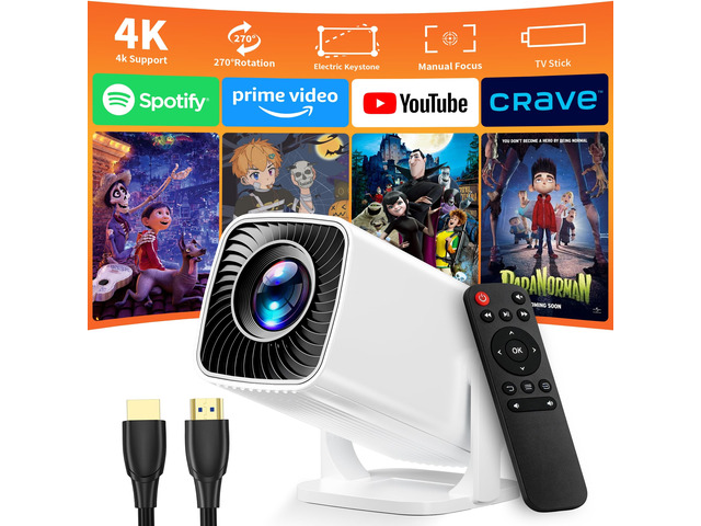 Mini Projector 4K Support, Portable Projector Full HD 1080P Support Short Throw, 270° Rotation, Outdoor & Indoor, Ceiling Projection, Smartphone,...