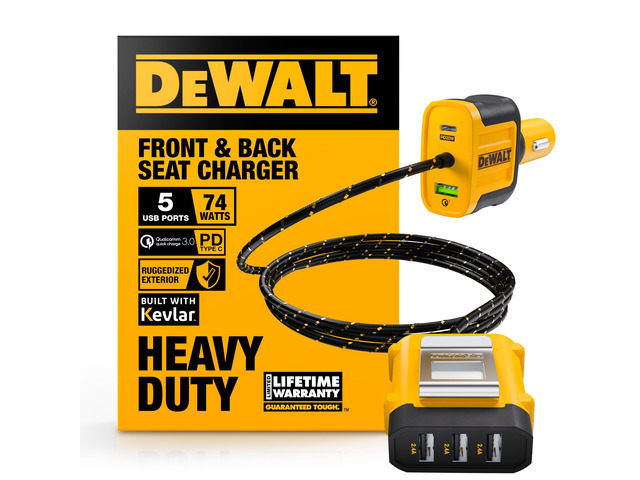 DEWALT Heavy Duty 72W 5 Port USB Car Charger Multiport, iPhone 17 Multi USB Car Charger, Fast Charge PD & QC3.0 Cigarette Lighter Adapter w/ 6FT...