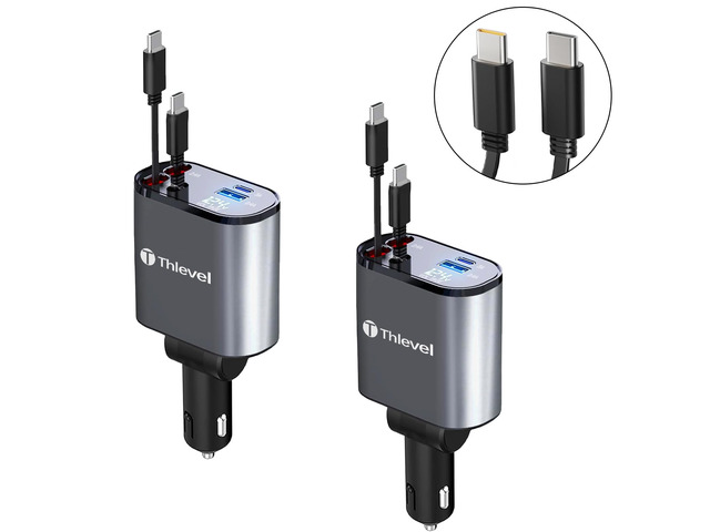 Thlevel Retractable Car Charger 4 in 1 USB C Fast Charger with Dual Type-C Cables (31.5 inch) with Voltage Display Compatible with iPhone 16/15 Pro...