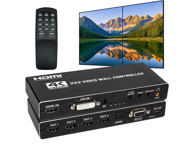 2x2 4k Video Wall Controller, Transform 4 TV Screens into a Single Wall Display with HDMI & DVI 4K Input, 180° Rotation, Audio Output, IR...
