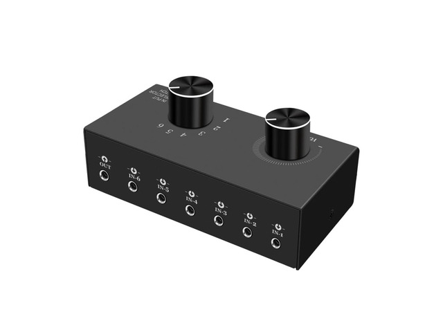 6-Way Audio Switcher, 3.5mm (1/8') Stereo Audio Switcher, Plug & Play Compatible with PC, Laptop, MP3, MP4, Headphone, Game System ect. (6 in-1 Out)