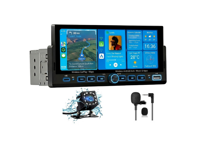Pyniro Single Din Radio Car Stereo with Wireless CarPlay & Android Auto 6.86' IPS Touch Screen, Backup Camera, External Microphone, Bluetooth,...