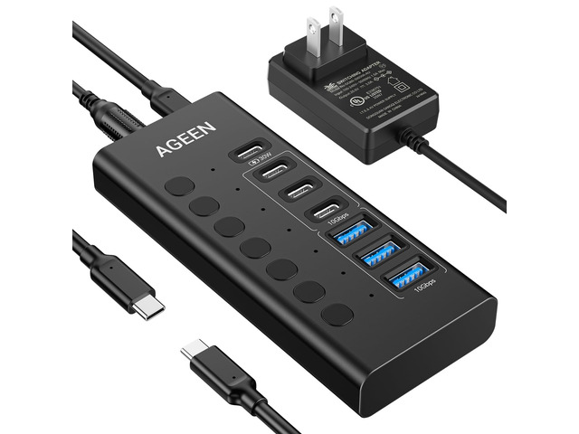 Powered USB Hub,7 Ports 10Gbps USB C Hub, 3*USB-A 3.2+3*USB-C 3.2+1*PD 30W Plug & Play, 60W Power Adapter, Individual On/Off Switch, Aluminum,...