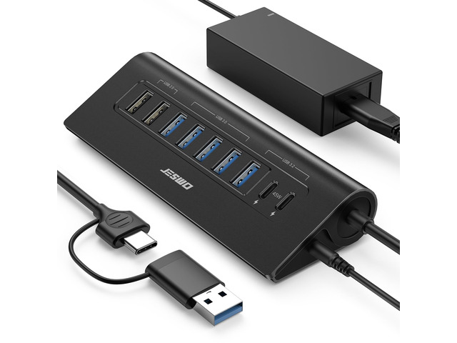 Powered USB Hub, 10Gbps 9-Port JESWO USB Hub, USB 3.2 45W Charging for PC USB C Hub with 65W adapter, 2 USB 2.0 + 4 USB 3.0 + 3 USB 3.2 A+C...