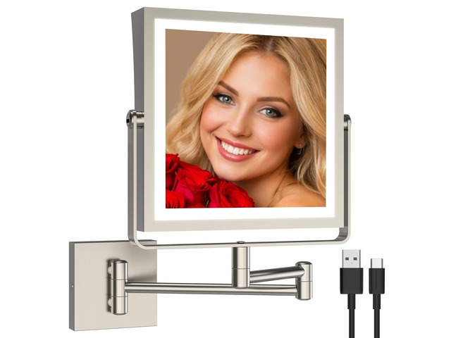 Ruacq Wall Mounted Makeup Mirror with Lights 1X/10X Brushed Nickel 8',4000mAh Rechargeable,Magnification,3 Color,Touch Screen Dimmable,360°...