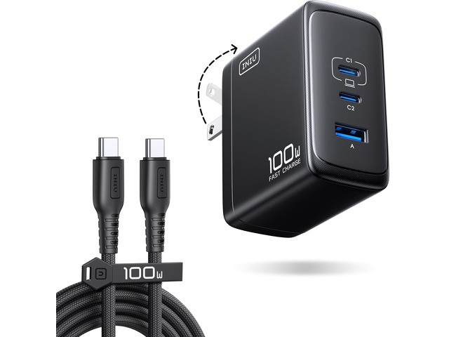 INIU 100W USB C Laptop Charger, GaN Fast Charging Block for with 100W Cable 3-Port, Foldable Travel Charger for MacBook Neo, iPad Air 11, iPhone...
