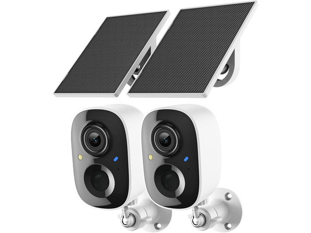 CORE TECH Solar Wireless Outdoor Security Camera 2-Pack with Solar Panels, 2.4GHz WiFi, Color Night Vision, Motion Alerts, Two-Way Audio, IP65, White