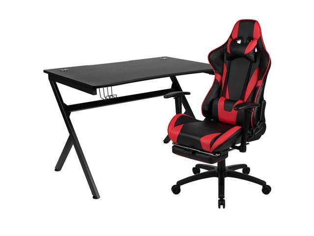 Flash Furniture Rectangle Gaming Desk and Footrest Reclining Chair Set with Detachable Cup Holder, Headphone Hook, 2 Wire Management Holes - Red/Black
