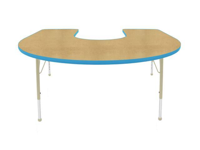 Creative Colors 60' x 66' Horseshoe Activity Table with Maple Top, Bright Blue Edge, Ball Glide - Standard Leg Height: 21'-30'