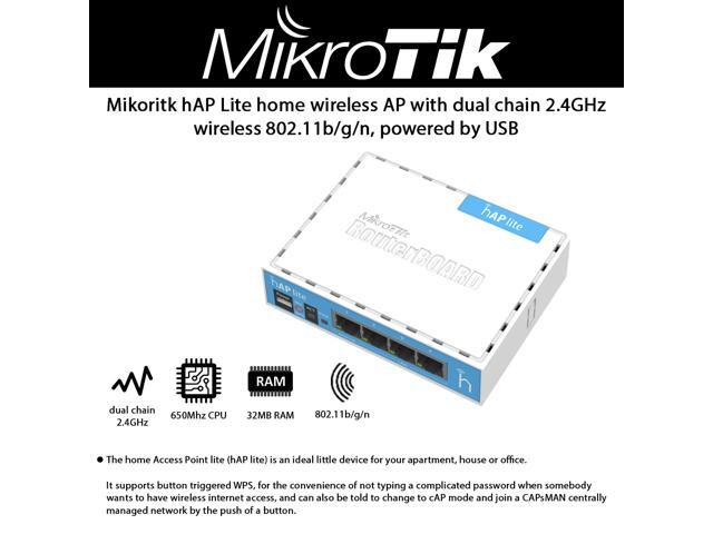 Mikoritk hAP Lite home wireless Access Point with dual chain 2.4GHz wireless 802.11b/g/n, powered by USB