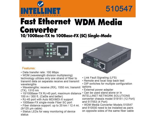 Intellinet Fast Ethernet WDM Bi-Directional Single Mode Media Converter, 10/100Base-TX to 100Base-FX (SC) Single-Mode, 20 km (12.4 mi.), WDM...