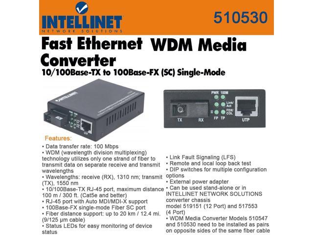Intellinet Fast Ethernet WDM Bi-Directional Single Mode Media Converter, 10/100Base-TX to 100Base-FX (SC) Single-Mode, 20 km (12.4 mi.), WDM...