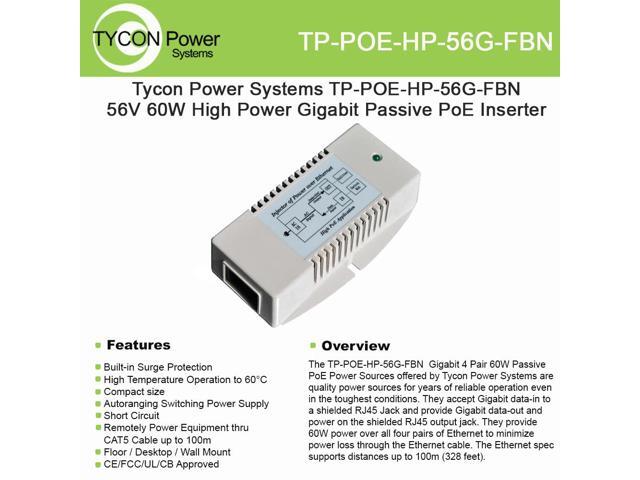 Tycon (TP-POE-HP-56G-FBN) 56V 60W High Power Gigabit Passive POE Inserter