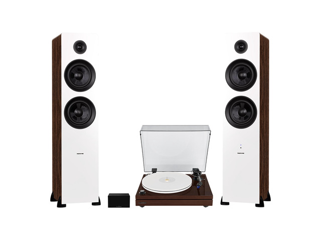 Fluance RT87 Reference High Fidelity Dual-Plinth Turntable (Natural Walnut), Ai81 Powered Floorstanding Tower Speakers (White Walnut), PA10 Phono...
