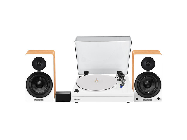 Fluance RT87 Reference High Fidelity Dual-Plinth Turntable (Piano White), Ai61 Powered Speakers (Lucky Bamboo), PA10 Phono Preamp