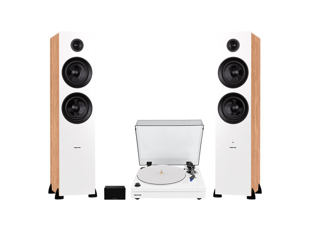 Fluance RT87 Reference High Fidelity Dual-Plinth Turntable (Piano White), Ai81 Powered Floorstanding Tower Speakers (Lucky Bamboo), PA10 Phono Preamp