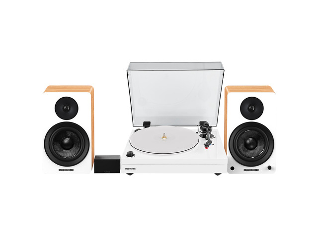 Fluance RT87 Reference High Fidelity Dual-Plinth Turntable (Piano White), Ai61 Powered Speakers (Lucky Bamboo), PA10 Phono Preamp