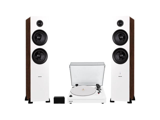 Fluance RT87 Reference High Fidelity Dual-Plinth Turntable (Piano White), Ai81 Powered Floorstanding Tower Speakers (White Walnut), PA10 Phono Preamp