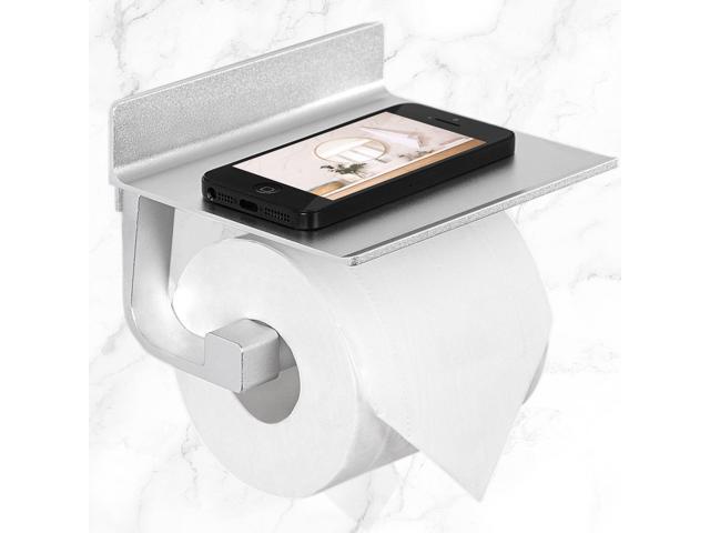Toilet Paper Holder with Phone Shelf No Drilling Tissue Towel Holder for Bathroom Adhesive Silver