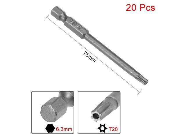 20pcs 75mm 1/4' Hex Shank T20 Magnetic Torx Head Security Screwdriver Bits S2