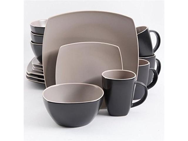 Gibson Home Soho Lounge Matte 16 Piece Dinnerware Set, Taupe/Black