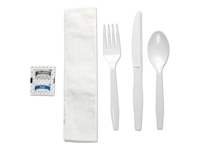 Boardwalk FKTNSMWPSWH Six-Piece Cutlery Kit, Condiment / Fork / Knife / Napkin / Teaspoon, White, 250 / Carton