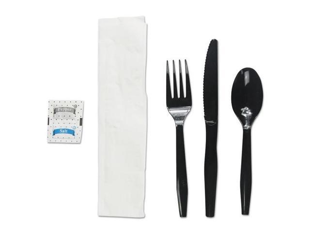 Boardwalk FKTNSMWPSBLA Six-Piece Cutlery Kit, Condiment / Fork / Knife / Napkin / Teaspoon, Black, 250 / Carton