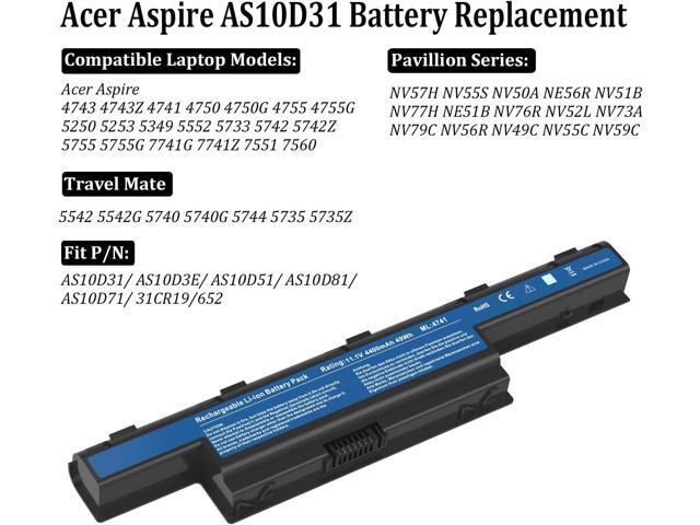 AS10D31 AS10D51 Notebook Battery Replacement Compatible with Acer Aspire 5253 5251 5336 5349 5551 5552 5560 5733 5733Z 5740 5735 5735Z, Gateway...