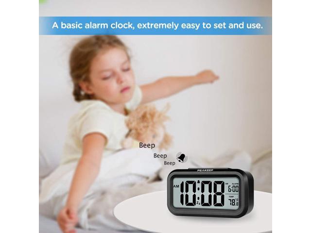 Peakeep Night Light Digital Alarm Clock Battery Operated with Indoor Temperature, Desk Small Clock (Black)