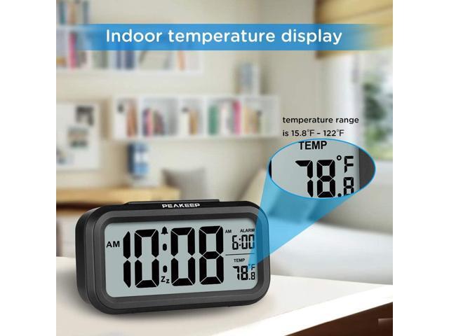 Peakeep Night Light Digital Alarm Clock Battery Operated with Indoor Temperature, Desk Small Clock (Black)