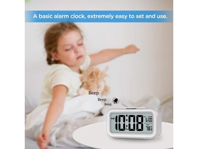 Peakeep Night Light Digital Alarm Clock Battery Operated with Indoor Temperature, Desk Small Clock (White)