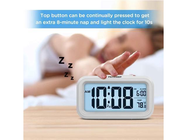 Peakeep Night Light Digital Alarm Clock Battery Operated with Indoor Temperature, Desk Small Clock (White)