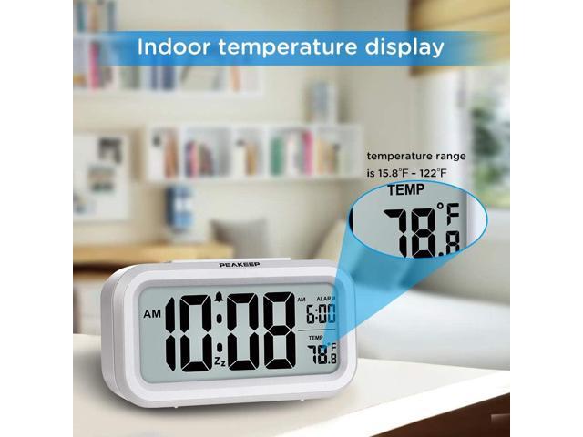 Peakeep Night Light Digital Alarm Clock Battery Operated with Indoor Temperature, Desk Small Clock (White)