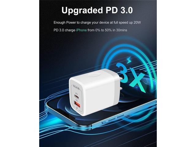 3Pack Dual Port USB-C Wall Plug-in USB Charger, AILKIN 20W Power Delivery + QC3.0 USB A Double Port Fast Charging Block for iPhone 15 14 13 12 Pro...