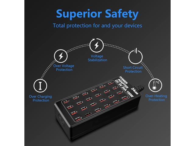24-Port 100 watt (20 A) USB Charging Station, Home Desktop USB Fast Charger, Multiple USB Desktop Chargers, Suitable for Hotels, Shops, Schools,...